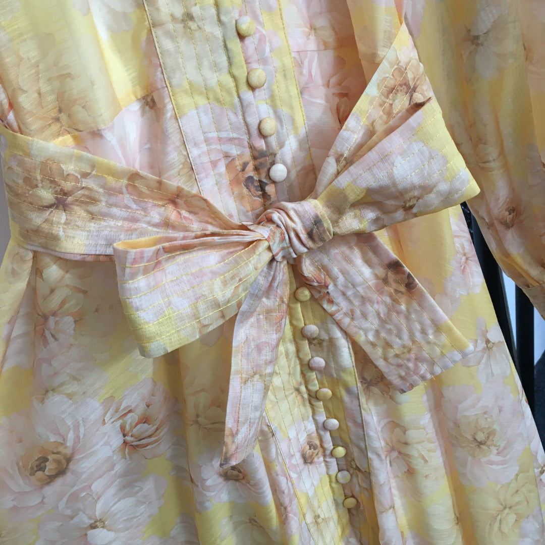 Zimmermann's newest floral print tie waist lantern long sleeve dress long skirt with suspender lining, yellow