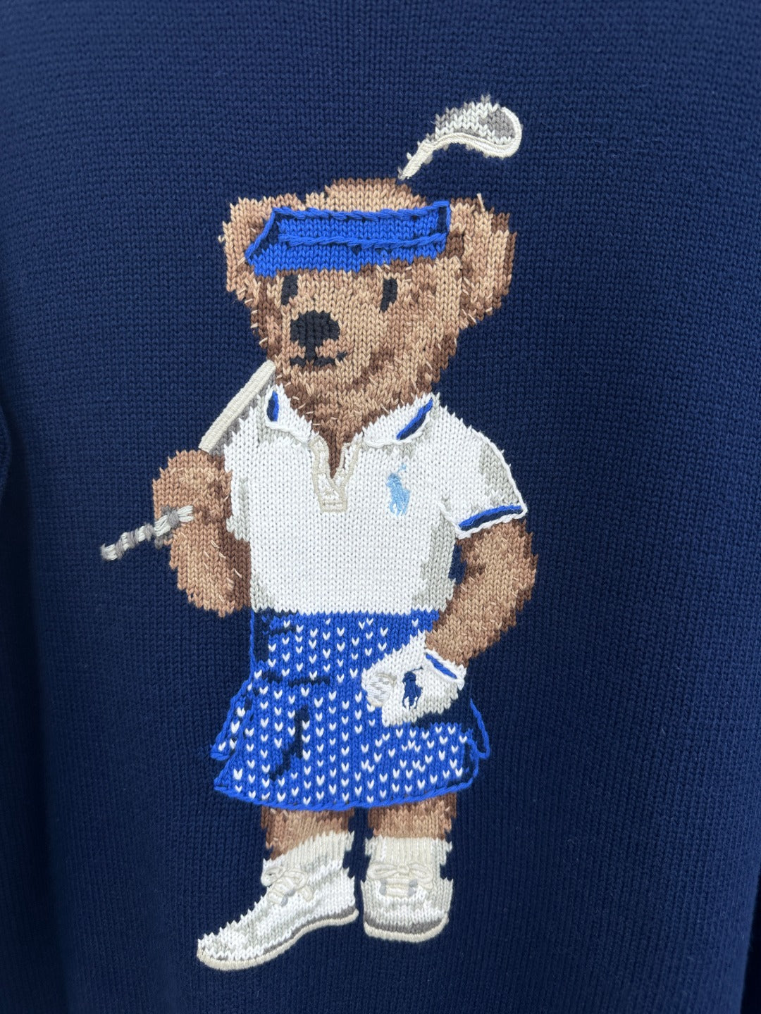 Ralph Laur** Autumn and Winter Navy Blue Bear Embroidery Loose Casual Cotton Round Neck Pullover Sweater for Women