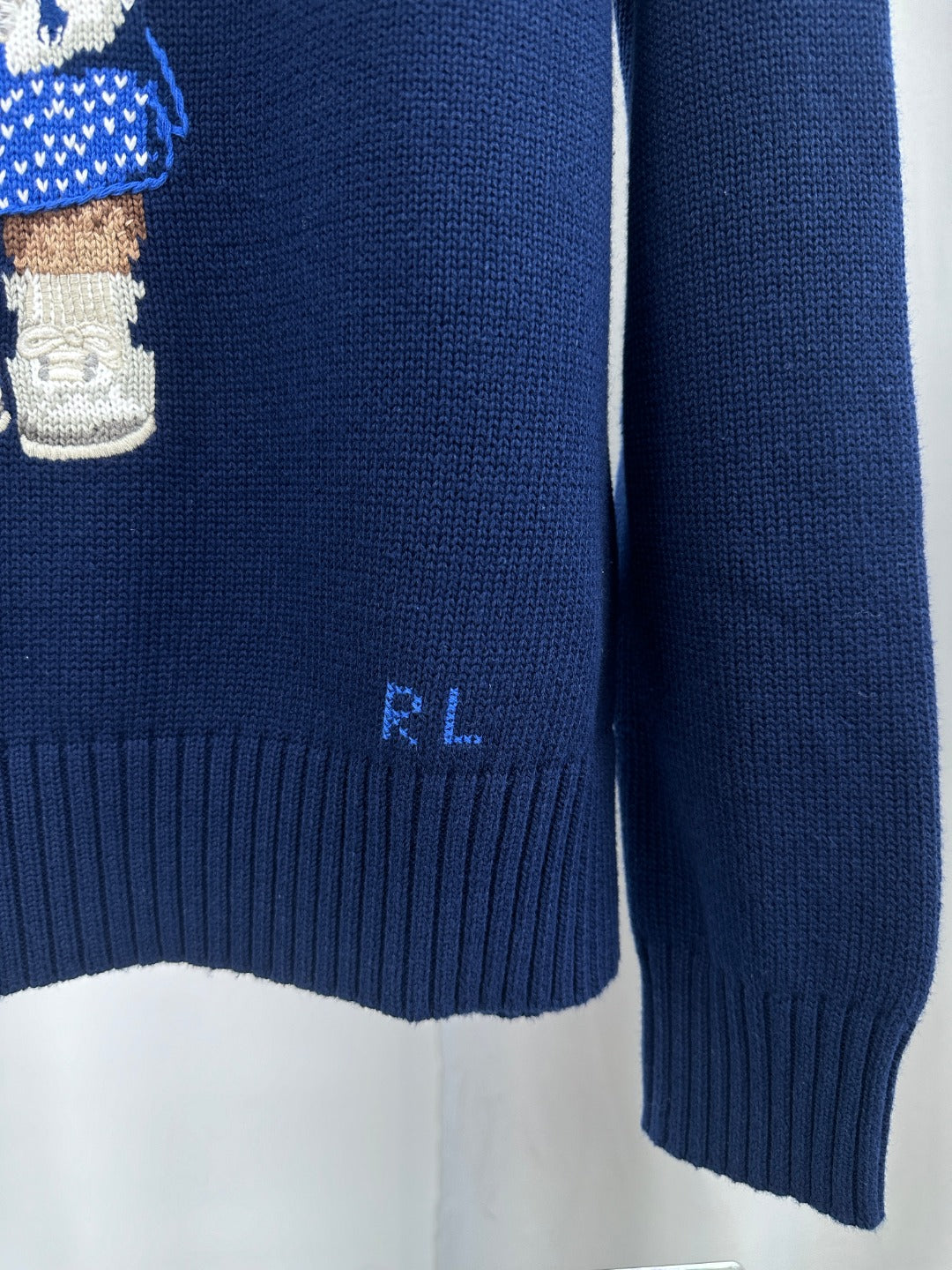 Ralph Laur** Autumn and Winter Navy Blue Bear Embroidery Loose Casual Cotton Round Neck Pullover Sweater for Women