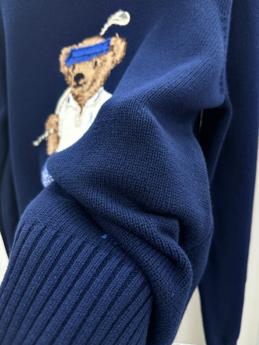 Ralph Laur** Autumn and Winter Navy Blue Bear Embroidery Loose Casual Cotton Round Neck Pullover Sweater for Women