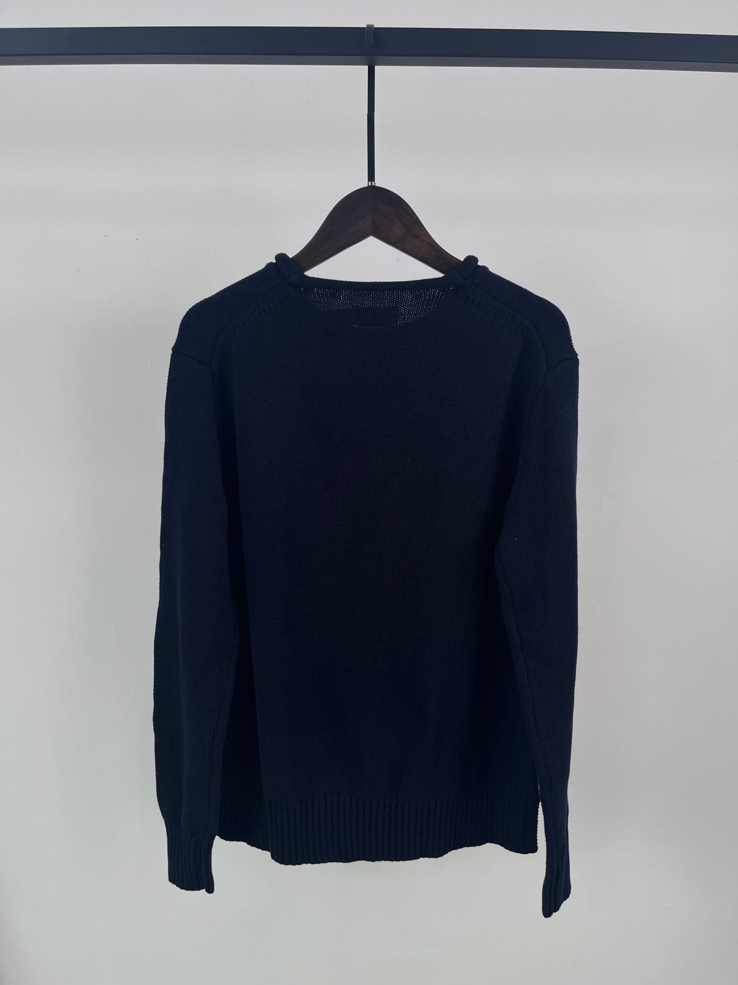 Ralph Laur** Bear Heavy Embroidery Knitted Pullover Rolled Collar Long Sleeve Sweater Women Navy Blue