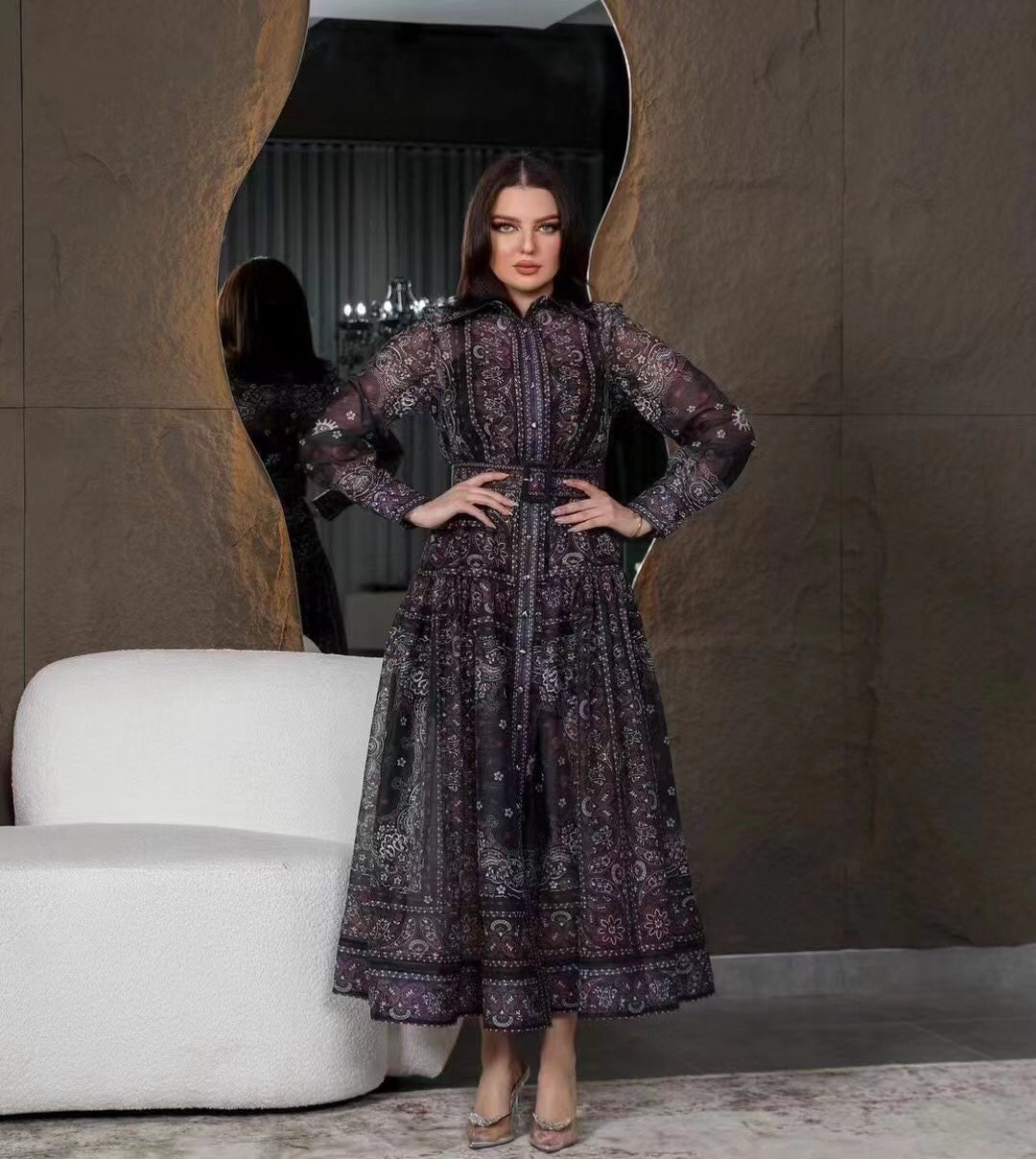 ZIM****-New suit, retro pattern linen print, lapel waist long sleeve dress, long skirt, with belt, suspender lining