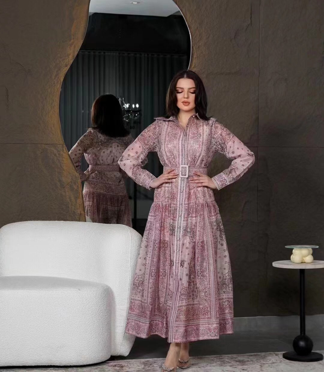 ZIM****-New suit, retro pattern linen print, lapel waist long sleeve dress, long skirt, with belt, suspender lining