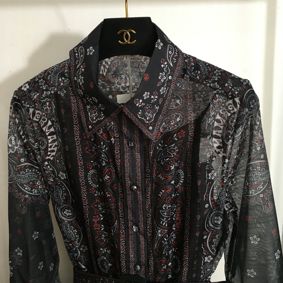 ZIM****-New suit, retro pattern linen print, lapel waist long sleeve dress, long skirt, with belt, suspender lining