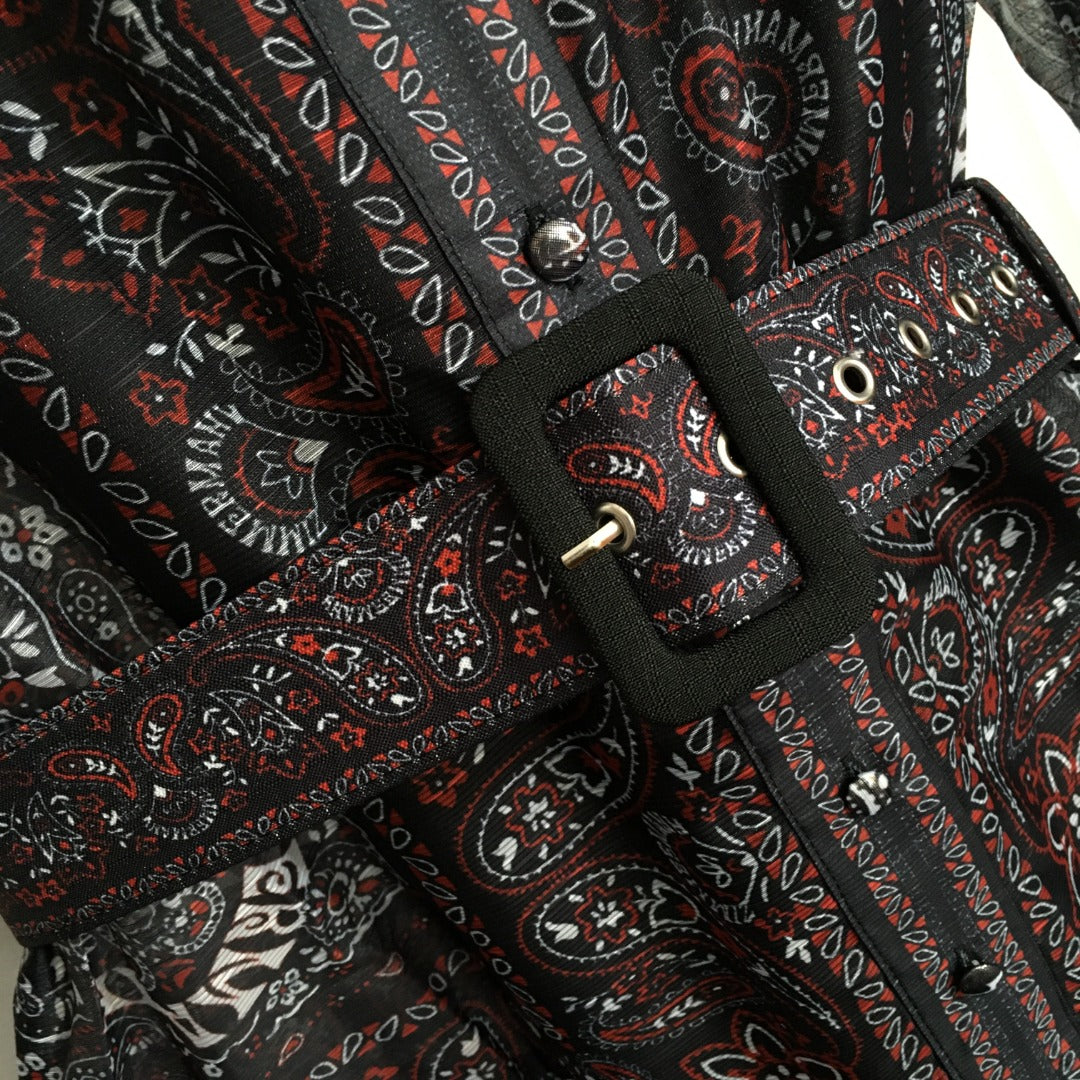 ZIM****-New suit, retro pattern linen print, lapel waist long sleeve dress, long skirt, with belt, suspender lining