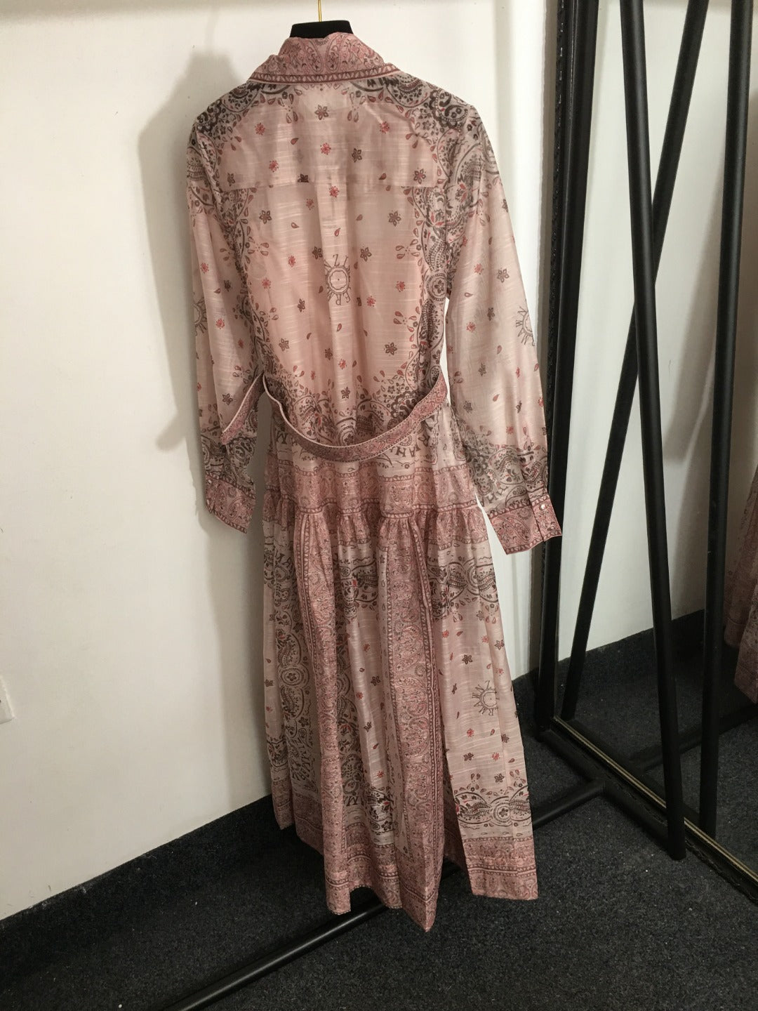 ZIM****-New suit, retro pattern linen print, lapel waist long sleeve dress, long skirt, with belt, suspender lining