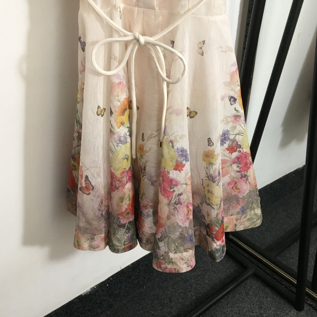 ZIM****-New Style Colorful Flower Print Lace-up Waist Lapel Short Sleeve Dress with Suspender Lining