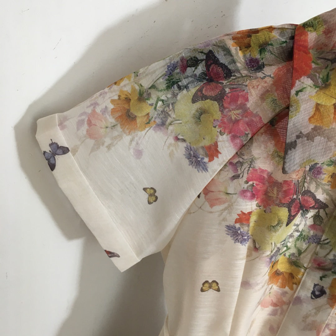 ZIM****-New Style Colorful Flower Print Lace-up Waist Lapel Short Sleeve Dress with Suspender Lining