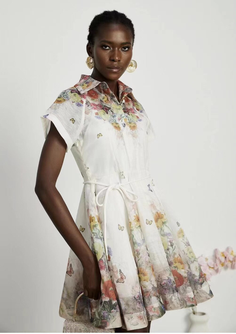 ZIM****-New Style Colorful Flower Print Lace-up Waist Lapel Short Sleeve Dress with Suspender Lining