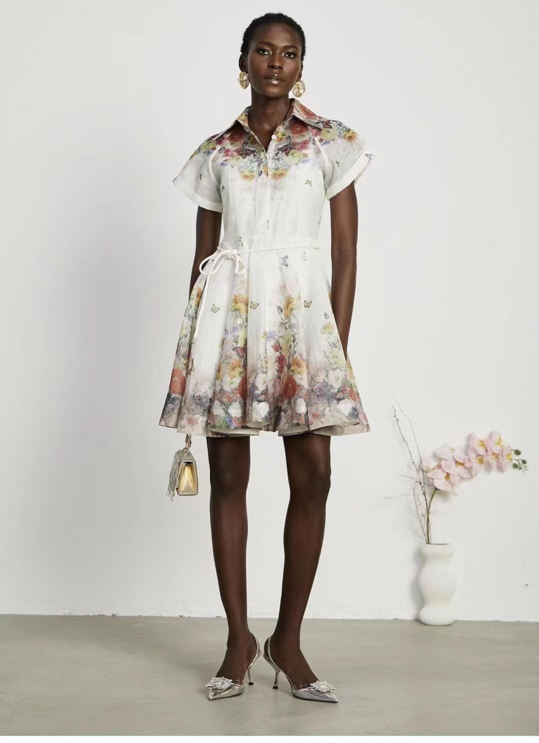 ZIM****-New Style Colorful Flower Print Lace-up Waist Lapel Short Sleeve Dress with Suspender Lining