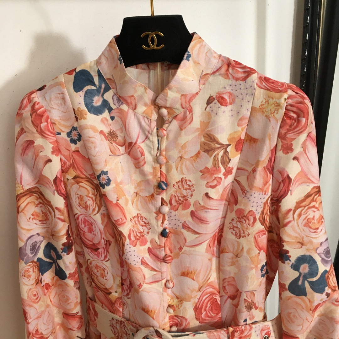 ZIM****-Rose flower print lantern long-sleeved dress with belt, pink