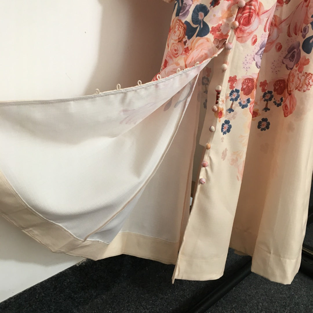 ZIM****-Rose flower print lantern long-sleeved dress with belt, pink