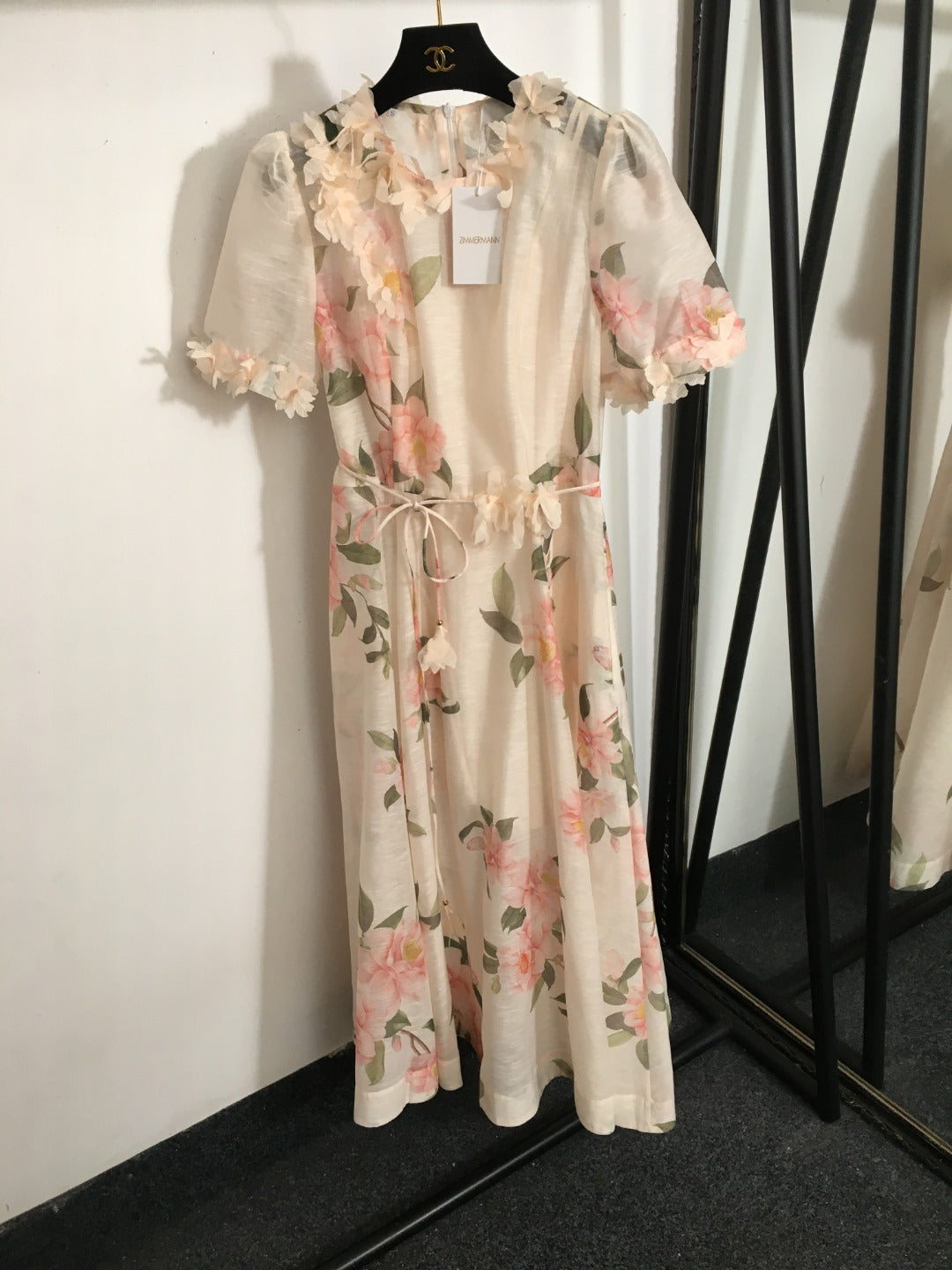 ZIM****-Three-dimensional flower decoration, pink flower print, short-sleeved dress with tie waist