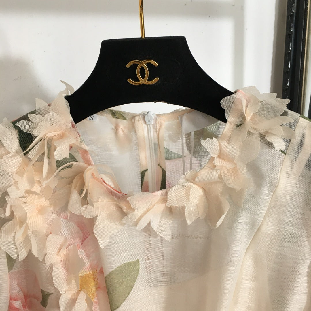 ZIM****-Three-dimensional flower decoration, pink flower print, short-sleeved dress with tie waist