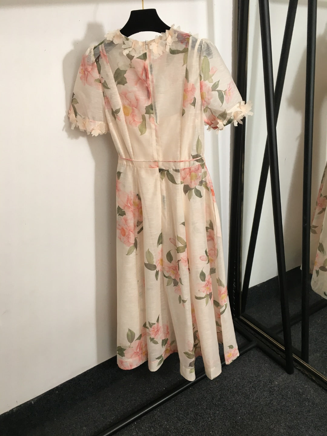 ZIM****-Three-dimensional flower decoration, pink flower print, short-sleeved dress with tie waist