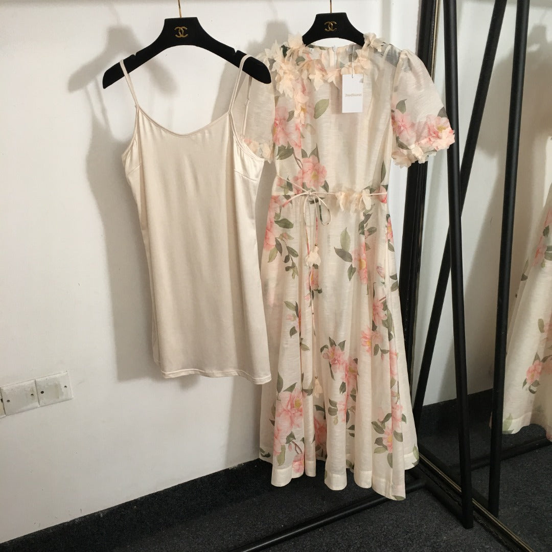 ZIM****-Three-dimensional flower decoration, pink flower print, short-sleeved dress with tie waist