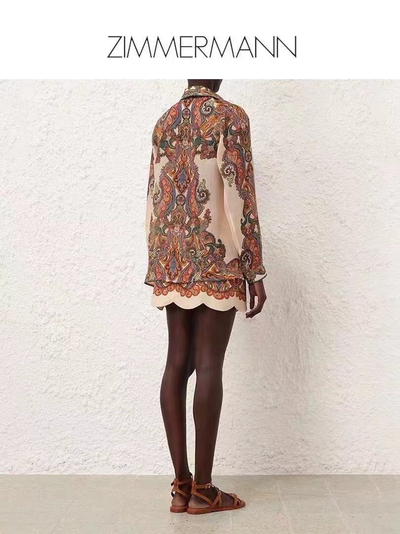 ZIM****-New suit, retro pattern printed long-sleeved shirt + wavy short skirt dress