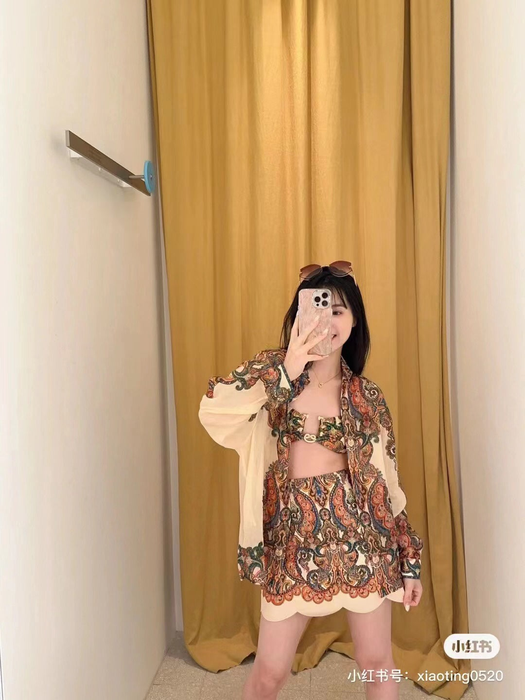 ZIM****-New suit, retro pattern printed long-sleeved shirt + wavy short skirt dress