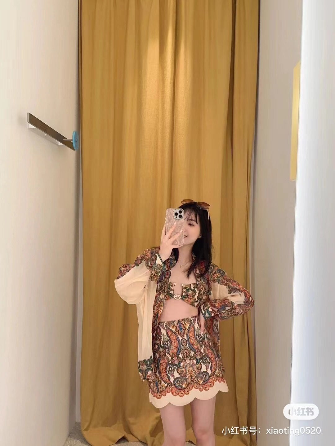 ZIM****-New suit, retro pattern printed long-sleeved shirt + wavy short skirt dress