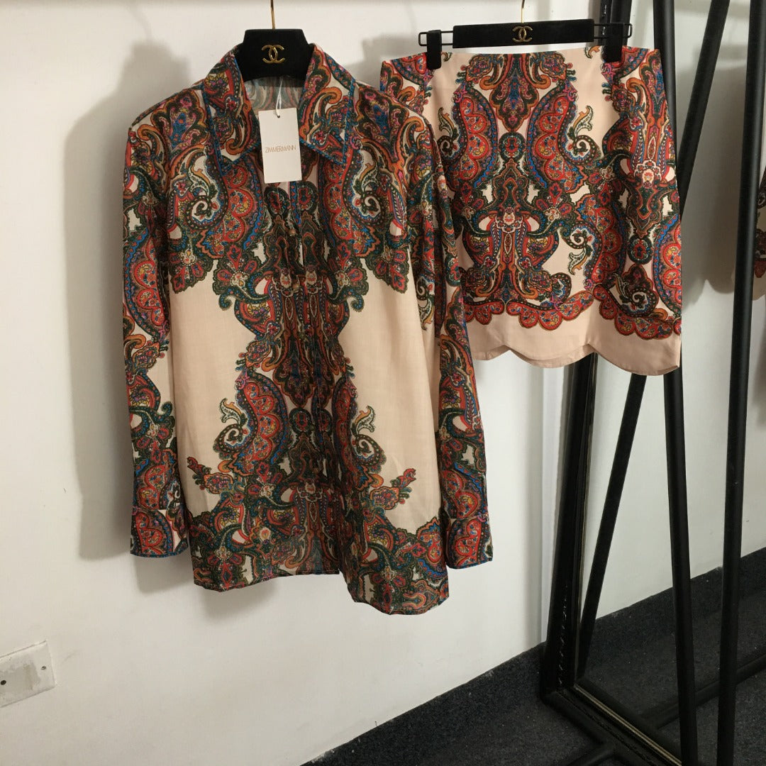 ZIM****-New suit, retro pattern printed long-sleeved shirt + wavy short skirt dress