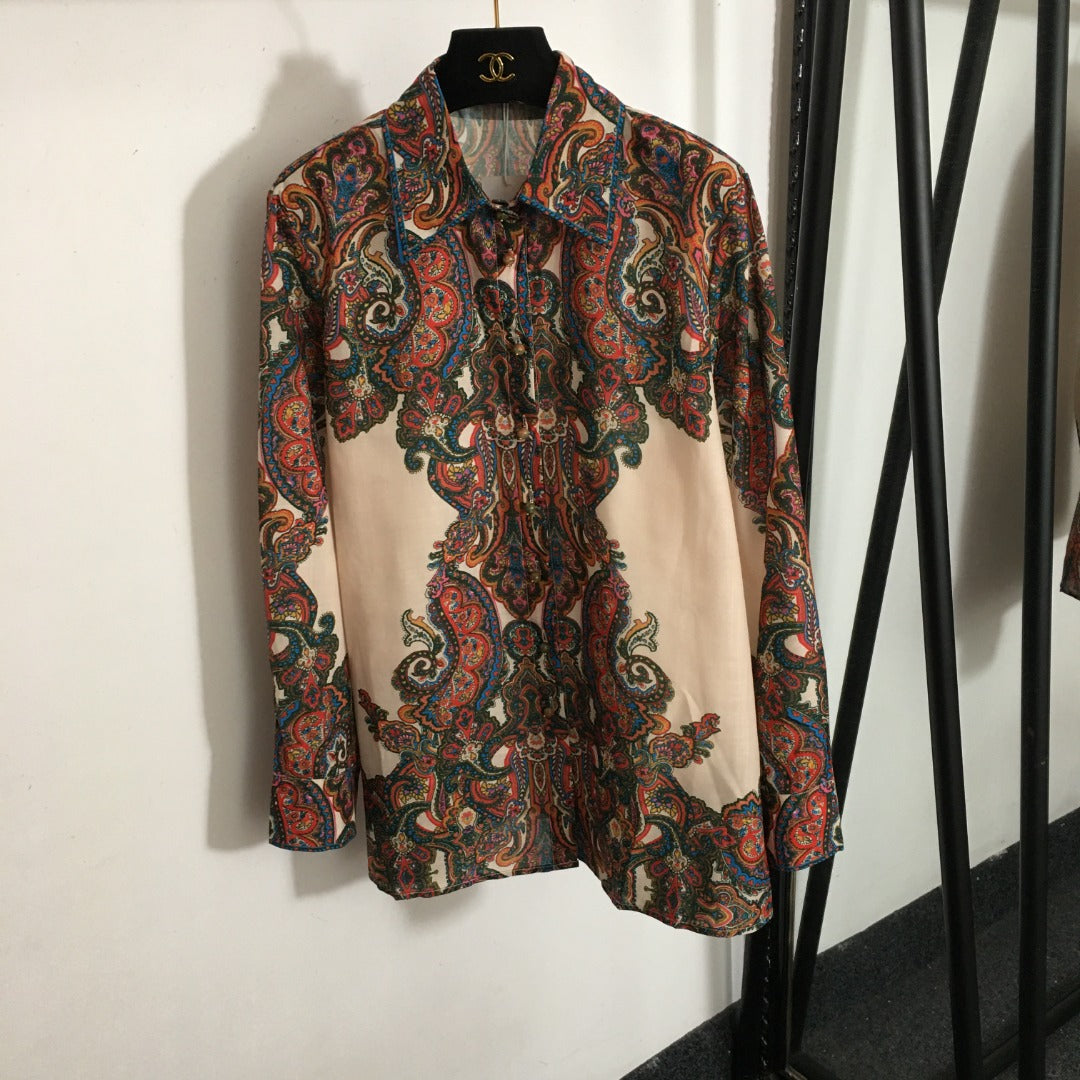 ZIM****-New suit, retro pattern printed long-sleeved shirt + wavy short skirt dress