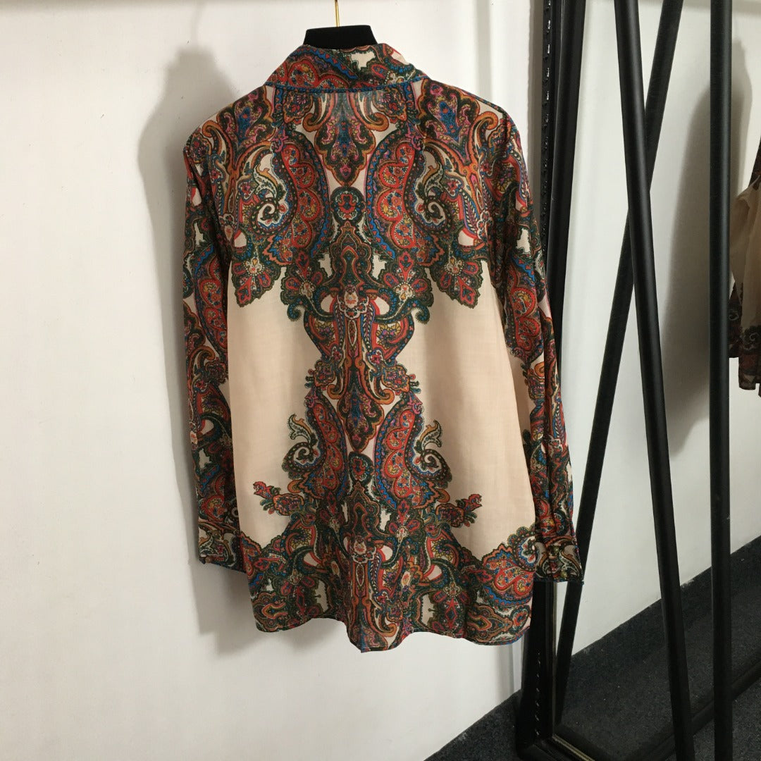 ZIM****-New suit, retro pattern printed long-sleeved shirt + wavy short skirt dress