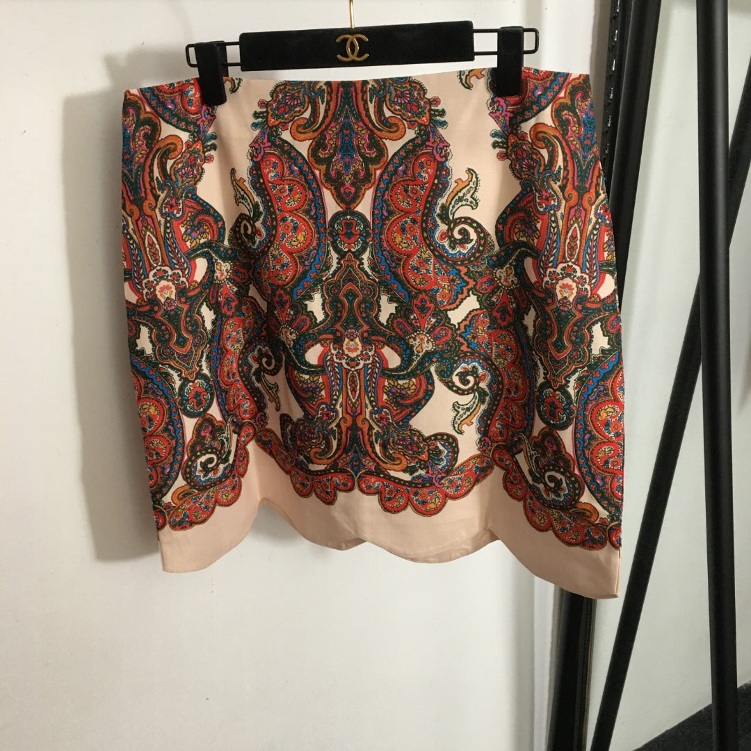 ZIM****-New suit, retro pattern printed long-sleeved shirt + wavy short skirt dress