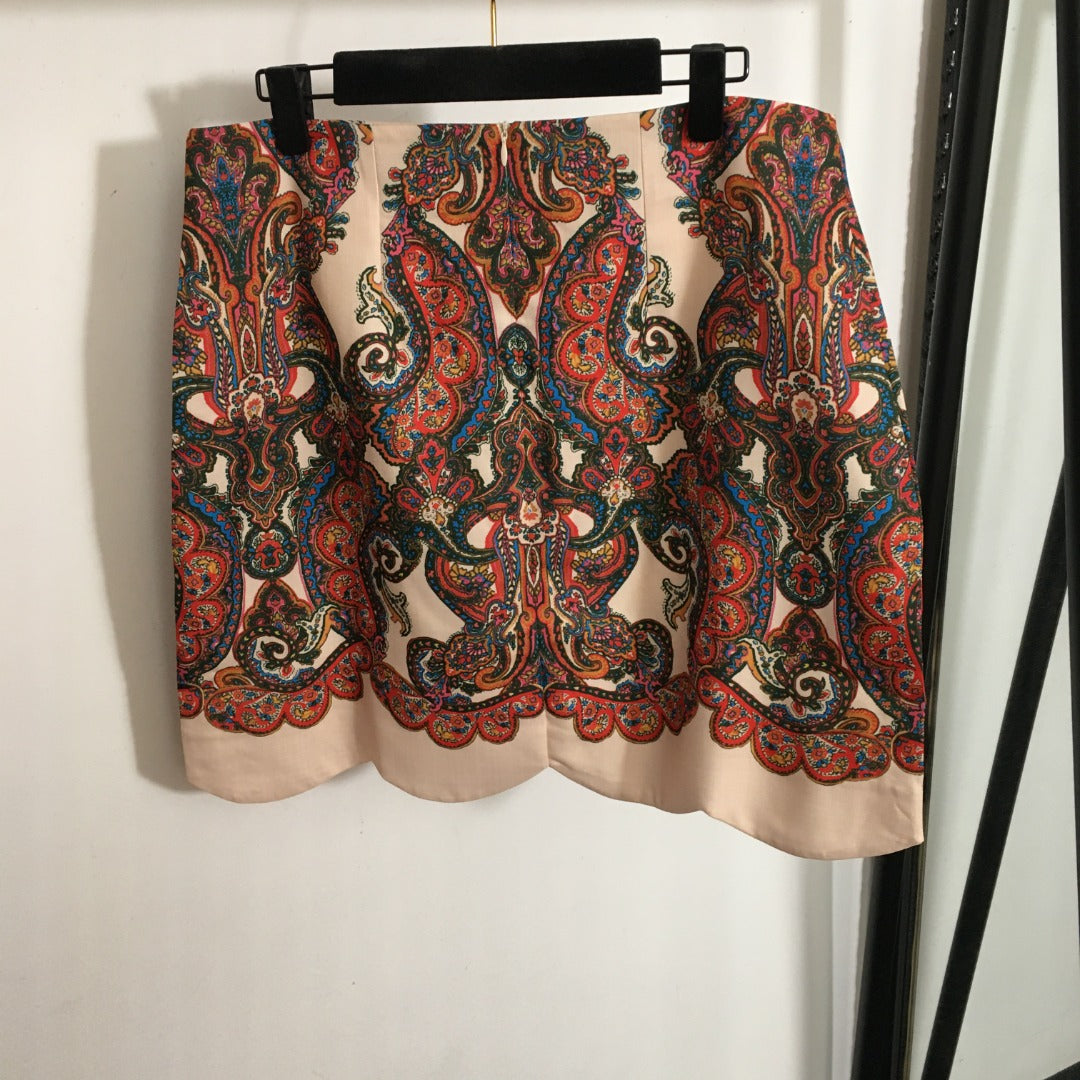 ZIM****-New suit, retro pattern printed long-sleeved shirt + wavy short skirt dress