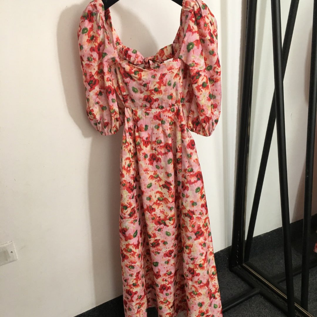 ZIM****-New Elegant Temperament Small Floral Bowknot Backless Waist Slimming Bubble Short Sleeve Dress