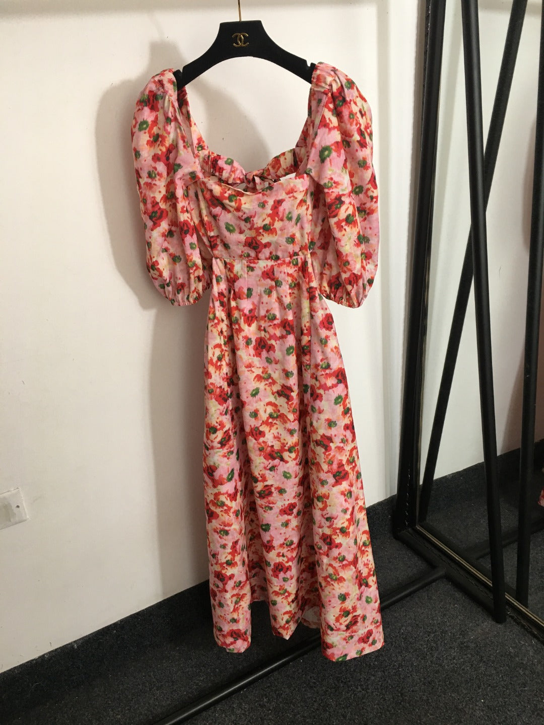 ZIM****-New Elegant Temperament Small Floral Bowknot Backless Waist Slimming Bubble Short Sleeve Dress