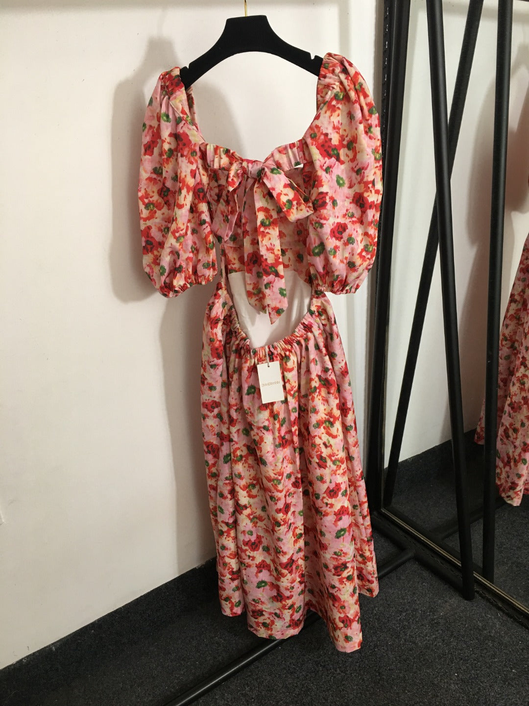 ZIM****-New Elegant Temperament Small Floral Bowknot Backless Waist Slimming Bubble Short Sleeve Dress