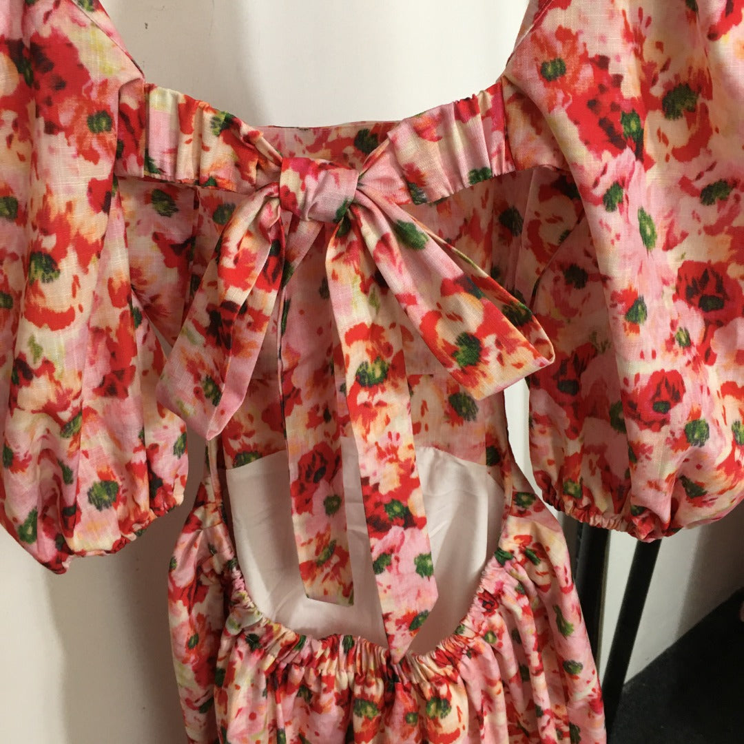 ZIM****-New Elegant Temperament Small Floral Bowknot Backless Waist Slimming Bubble Short Sleeve Dress