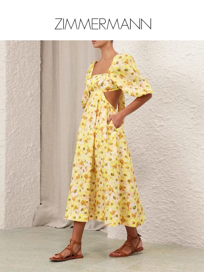 ZIM****-New Elegant Temperament Small Floral Bowknot Backless Waist Slimming Bubble Short Sleeve Dress