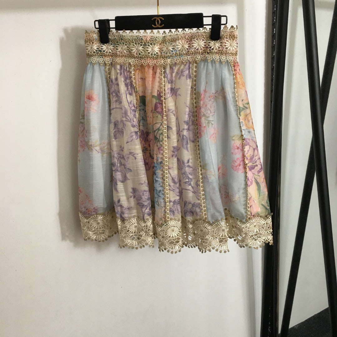 ZIM****-New suit, diamond button lace lapel long-sleeved shirt + lace short skirt