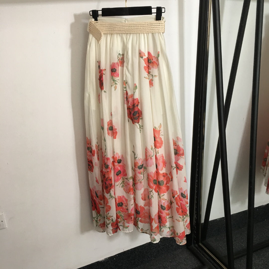 ZIM****-style suit, temperament big red flower multi-print bubble long-sleeved shirt top + high waist slim skirt, with belt