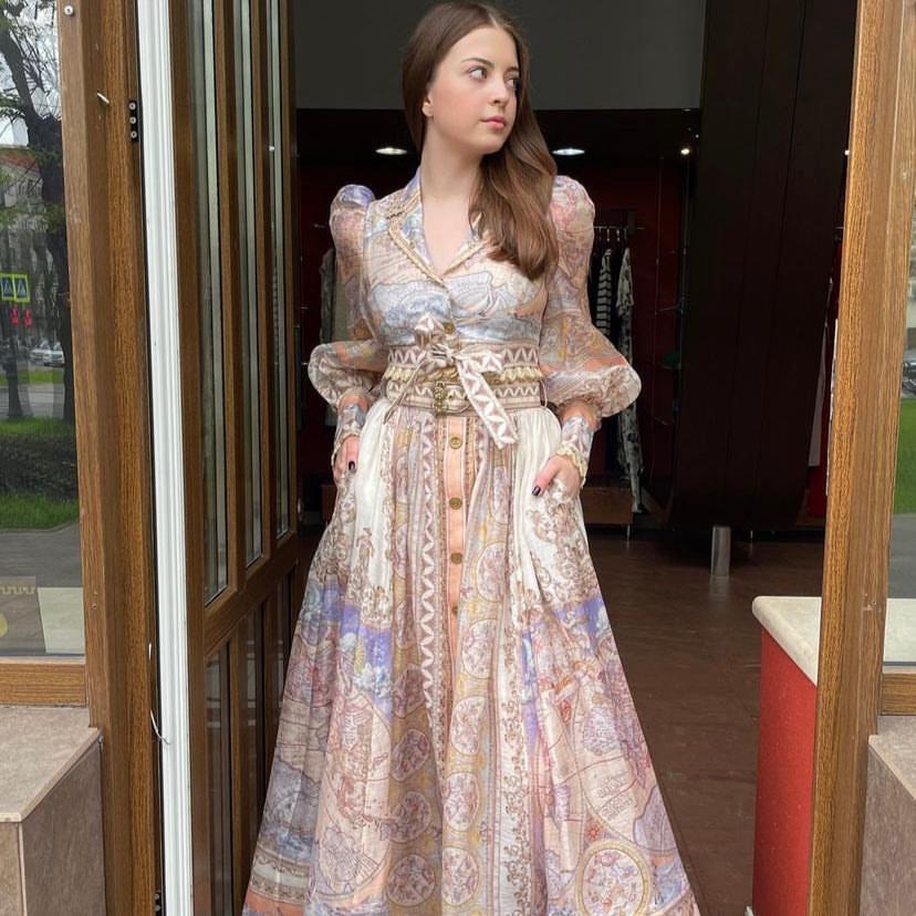 ZIM**** new suit, world map retro print lapel bubble long sleeve top + custom single-breasted high waist skirt,