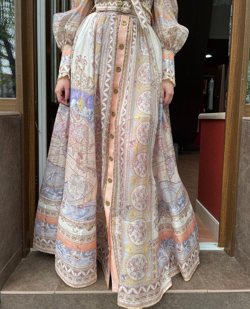 ZIM**** new suit, world map retro print lapel bubble long sleeve top + custom single-breasted high waist skirt,