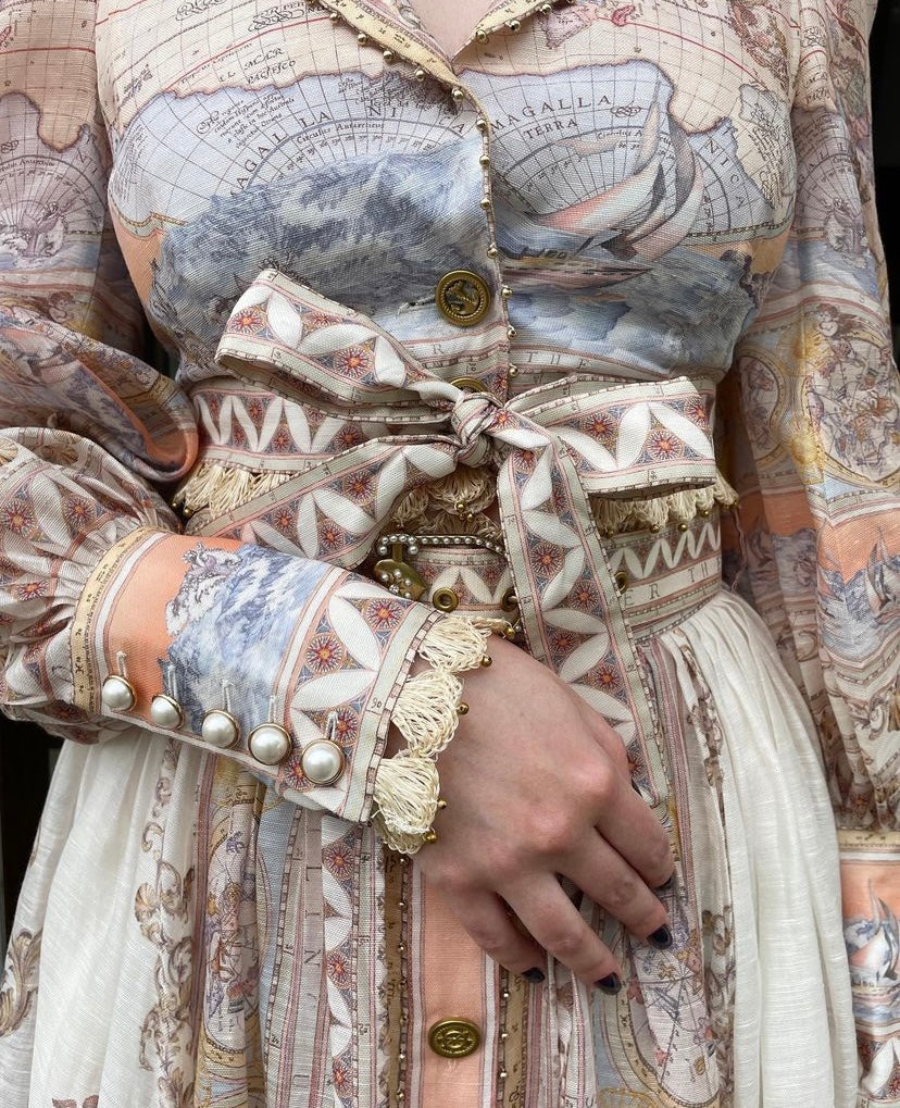 ZIM**** new suit, world map retro print lapel bubble long sleeve top + custom single-breasted high waist skirt,