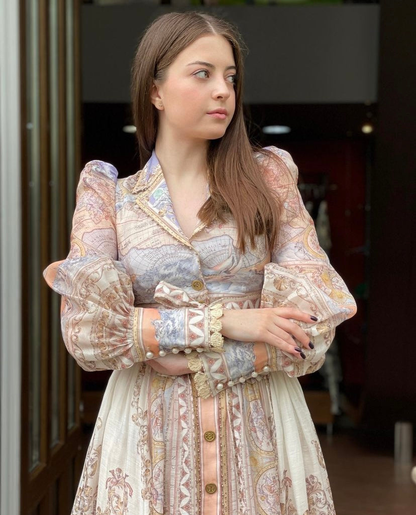 ZIM**** new suit, world map retro print lapel bubble long sleeve top + custom single-breasted high waist skirt,