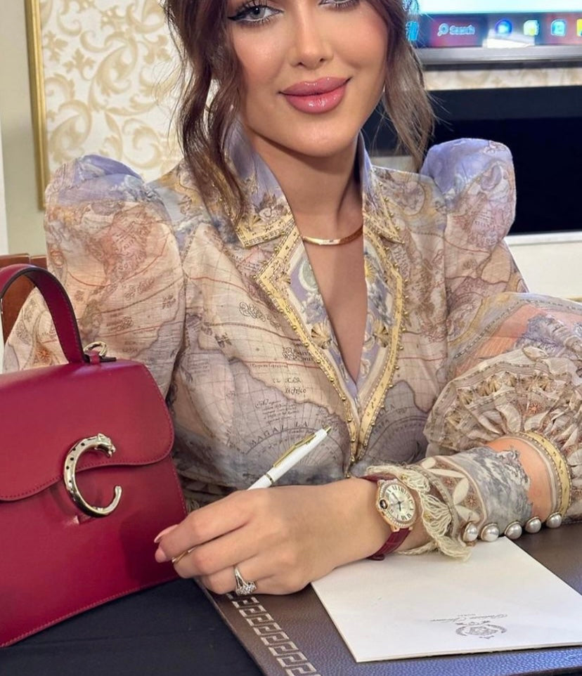 ZIM**** new suit, world map retro print lapel bubble long sleeve top + custom single-breasted high waist skirt,