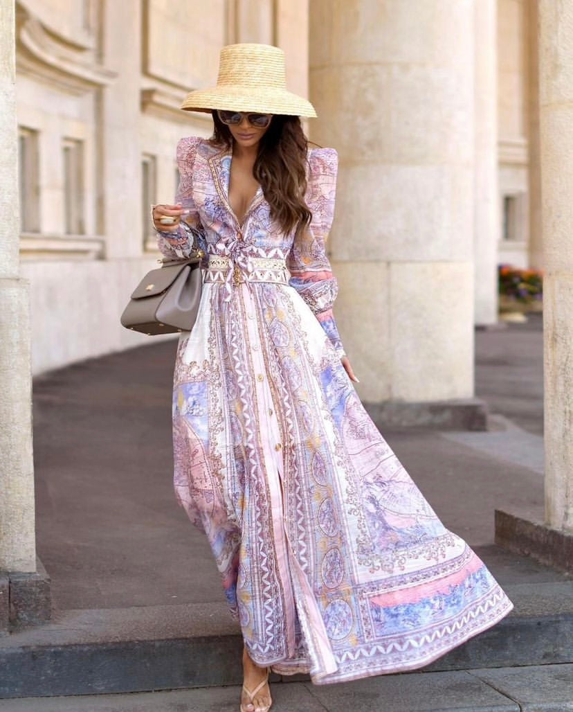 ZIM**** new suit, world map retro print lapel bubble long sleeve top + custom single-breasted high waist skirt,