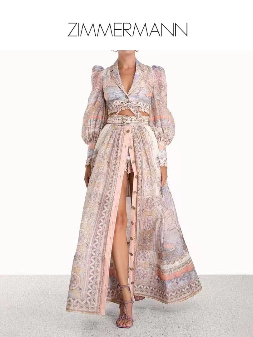 ZIM**** new suit, world map retro print lapel bubble long sleeve top + custom single-breasted high waist skirt,