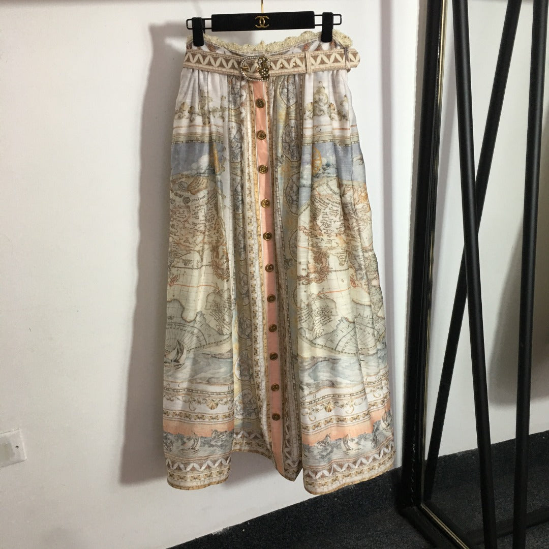 ZIM**** new suit, world map retro print lapel bubble long sleeve top + custom single-breasted high waist skirt,