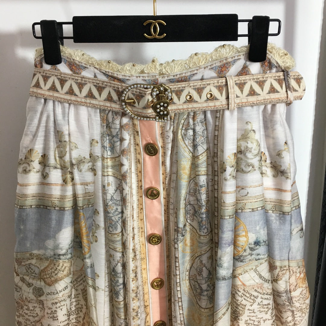 ZIM**** new suit, world map retro print lapel bubble long sleeve top + custom single-breasted high waist skirt,