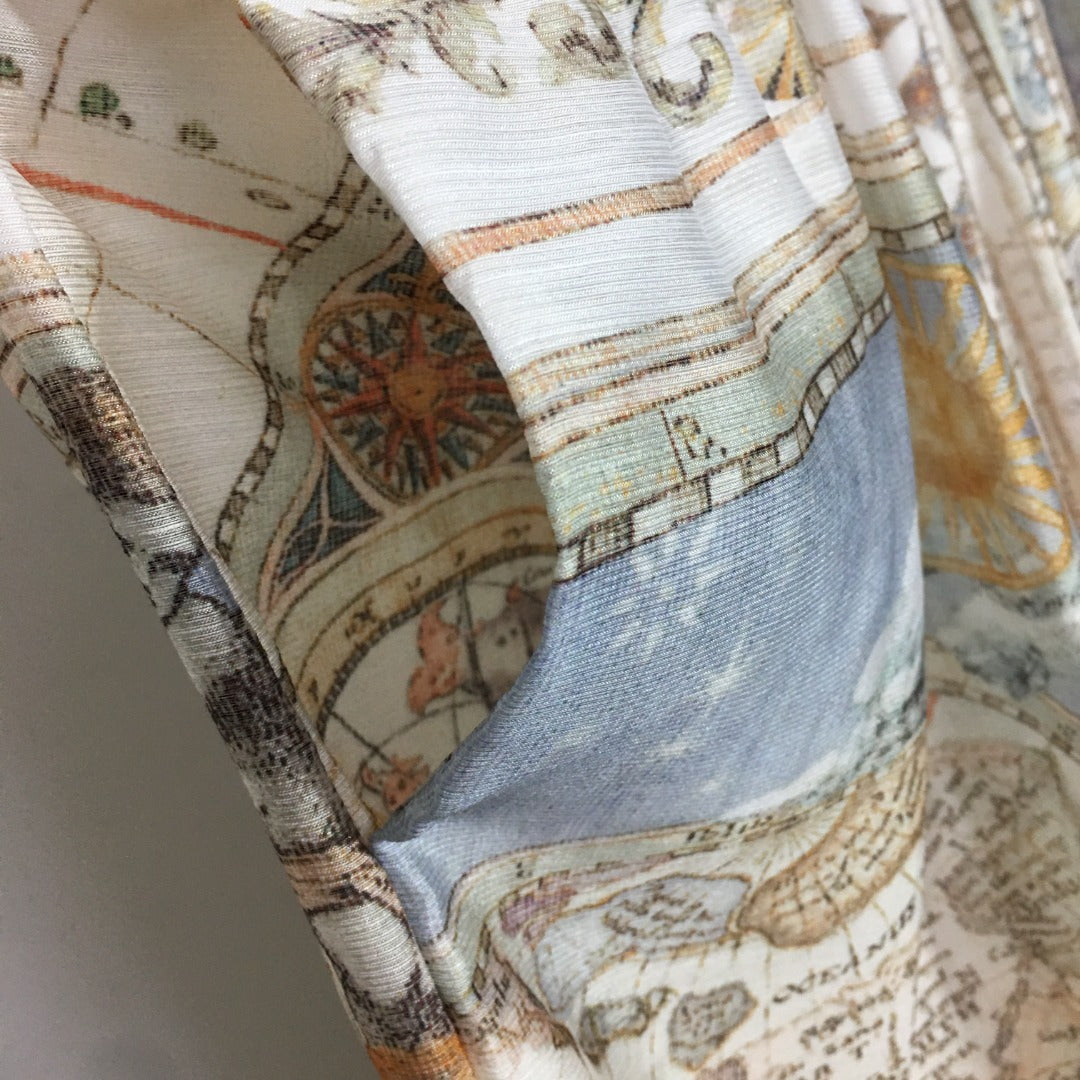 ZIM**** new suit, world map retro print lapel bubble long sleeve top + custom single-breasted high waist skirt,