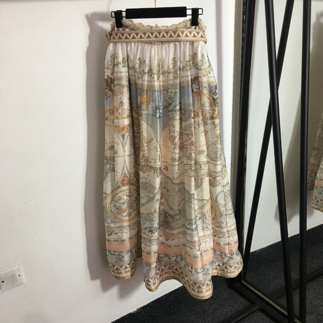 ZIM**** new suit, world map retro print lapel bubble long sleeve top + custom single-breasted high waist skirt,