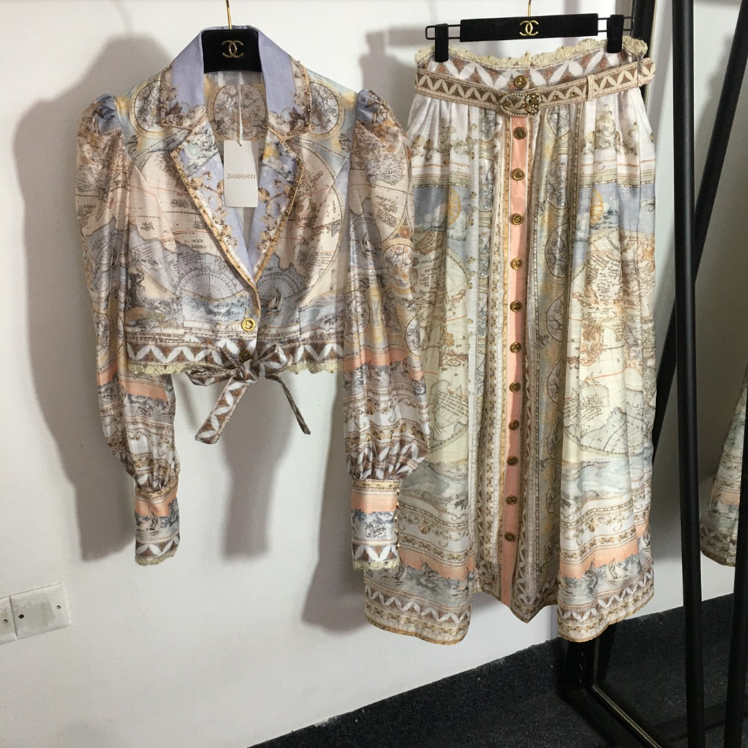 ZIM**** new suit, world map retro print lapel bubble long sleeve top + custom single-breasted high waist skirt,