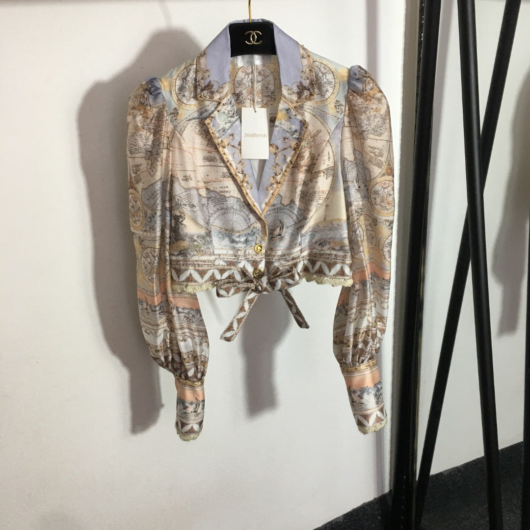 ZIM**** new suit, world map retro print lapel bubble long sleeve top + custom single-breasted high waist skirt,