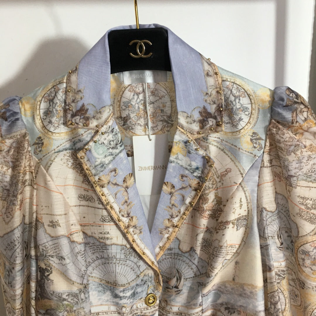 ZIM**** new suit, world map retro print lapel bubble long sleeve top + custom single-breasted high waist skirt,