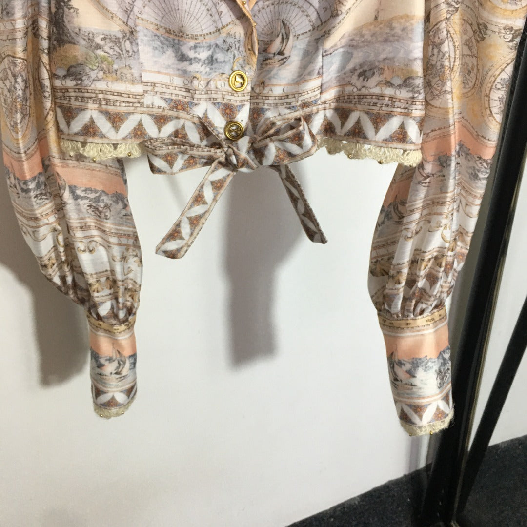 ZIM**** new suit, world map retro print lapel bubble long sleeve top + custom single-breasted high waist skirt,